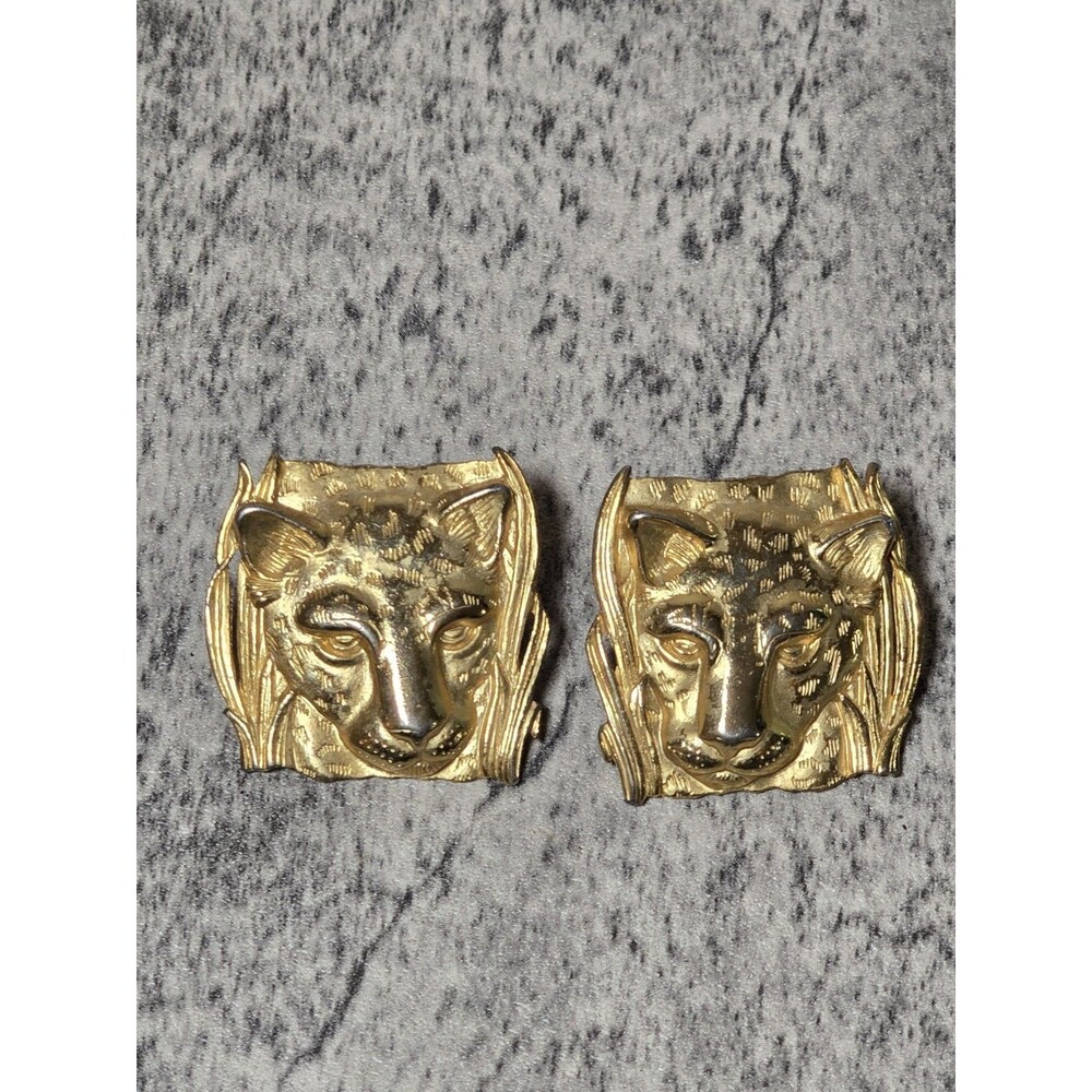 Beautiful Vintage Brooch Earrings Set 1986 Signed JJ Gold Tone Cheetah Tiger Cat